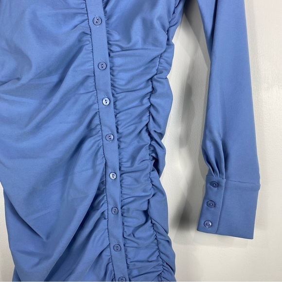 Zara Ruched Draped Fitted Full Button Up Down Blue Mini Shirt Dress Medium (NWT) - Picture 2 of 5